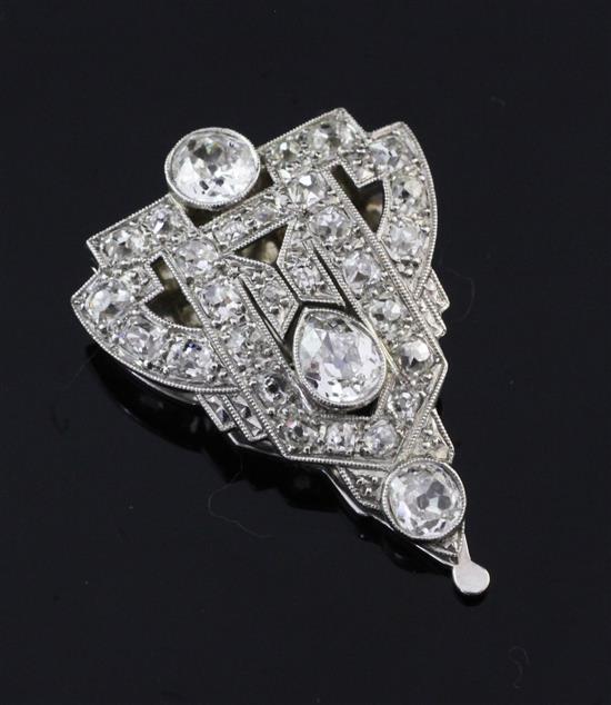 An Art Deco style 18ct white gold, platinum and diamond clip, 1.25in.